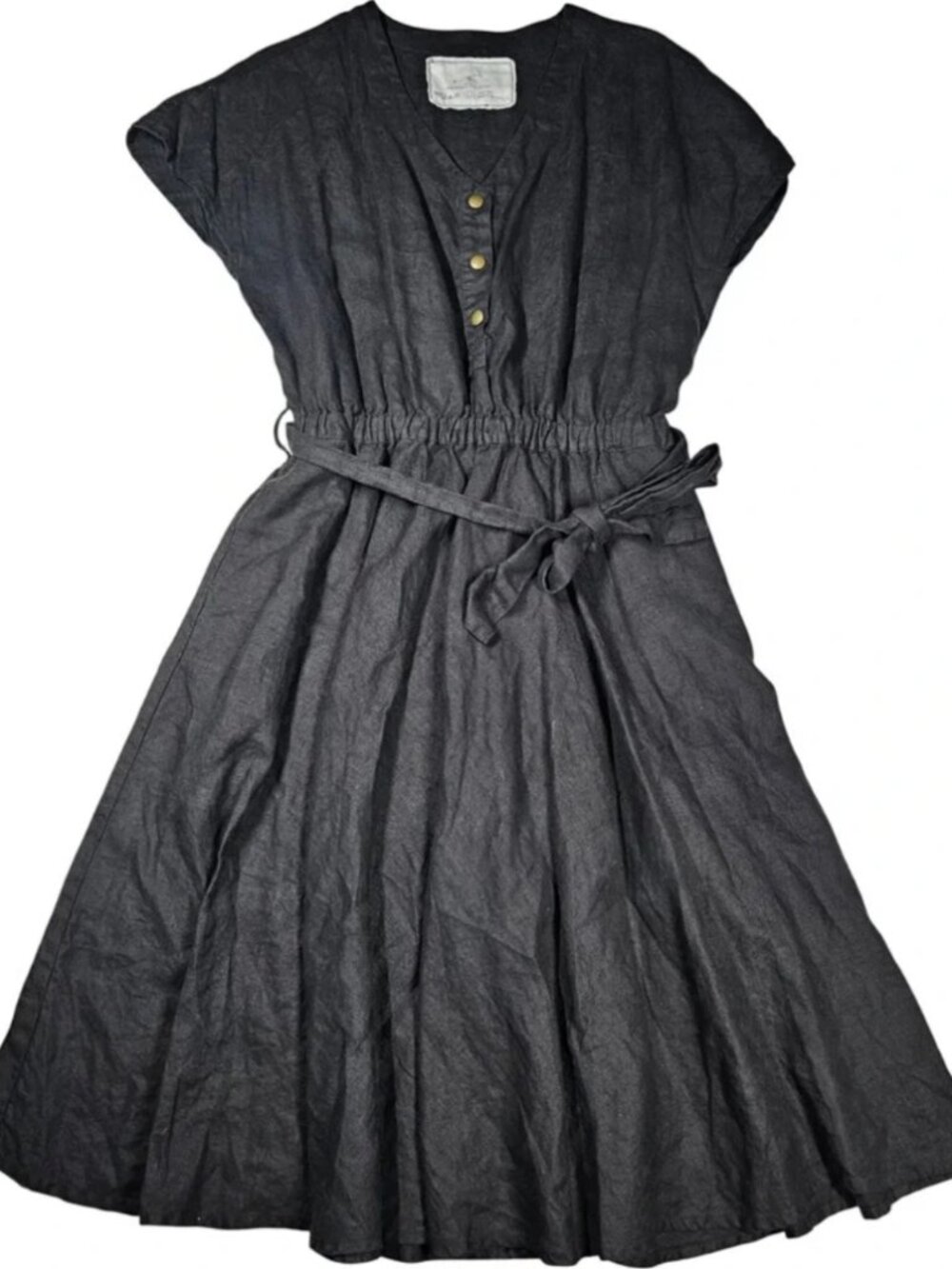 Not Perfect Linen Black Midi Dress 100% Linen V-Neck Belted Pockets Women L